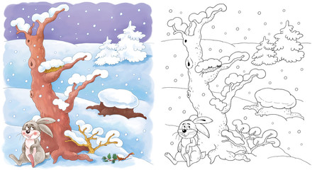 Four seasons. In the forest. Cute hare and hedgehog. Coloring page. Coloring book. Illustration for children. Cute and funny cartoon characters © Hasmik