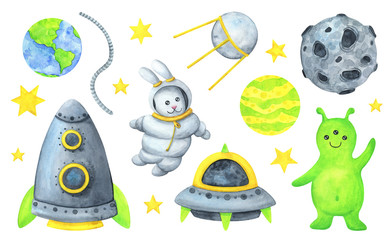 Astronaut, alien, rocket, satellite,asteroid, stars, planet. A collection of watercolor illustrations about a spacewalk. Isolated objects on a white background. intergalactic travel for children