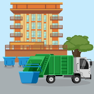 Garbage Green Truck Van Car Dustcart Collections Trash And Dumpsters Cans Near City Dwelling House Vector Illustration, Flat. Waste Disposal Removal Recycling Concept.