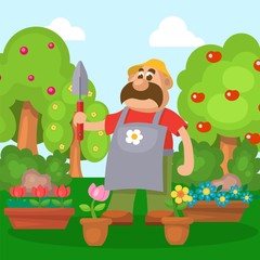 Man with garden tool in his hand next to blooming flowers growing in pots vector illustration. Cartoon cheerful gardener working in garden with plants, fruit apple trees.