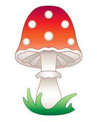 Amanita mushroom - vector full color picture. Cartoon bright red mushroom with white dots. Poisonous, beautiful mushroom - Amanita grows in the grass.