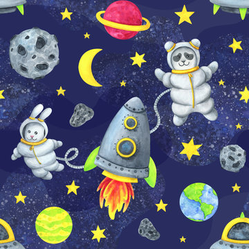Space children's seamless pattern. Rocket,  planet, star, astronaut Panda and hare, travel through the universe. Watercolor print of a cartoon about an intergalactic flight on a blue background