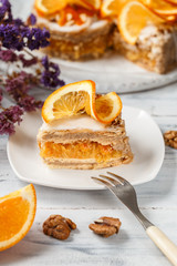 A Piece of Orange Cake on a Square Dish