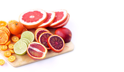 Citrus fruits on white background - lemon, lime, orange, grapefruit