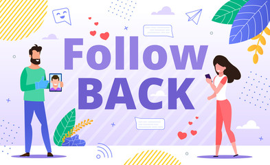 Effective Tools for Follow Back and Cross Promotion. Subscribers Increase and Popularity Growth in Social Media. E-Marketing and E-Commerce. Man Influencer Attracting Woman Join to Online Blogger
