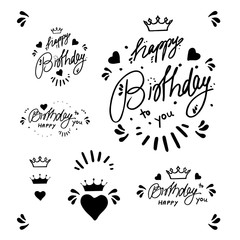 Happy Birthday. Hand lettering vector calligraphy set, greeting card, black text, word, doodle icon. Hand drawn invitation. Handwritten modern brush lettering white background isolated vector