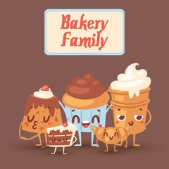 Cute bakery kawaii family vector illustration with yummy cakes, biscuits, bread and cupcakes with eyes. Funny smiling baked cartoon characters for baking shops or cafe poster, kids menu.