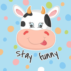 Adorable face cute cow isolated on blue background with bubbles.