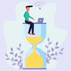 happy man  sits on an hourglass and works on his laptop's business process icons and infographics in the background. The concept of multitasking, productivity and time management. Flat vector.