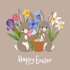 Happy Easter card with cute bunnies, baby rabbit and decorative spring flowers, basket with eggs cartoon vector illustration. Funny rabbits for easter holiday spring card.
