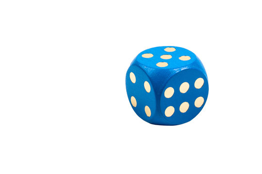One single simple big blue colored playing dice showing five, solo cube object, isolated on white background, board games, kids education symbol, concept, almost a lucky six