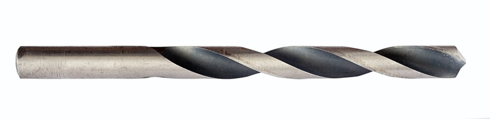 Metal drill with traces of corrosion on a white background