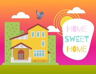 Home sweet home kids colorful cute card with houses, town and typography, cartoon vector illustration. Sweet home poster or postcard.