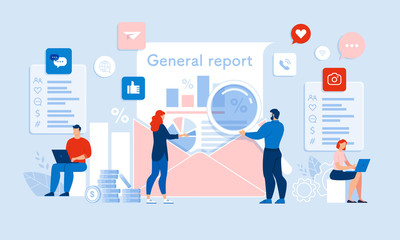 Team Auditor Making, Checking up General Report with Chart and Graph in Email Envelop. Media and Business Audit. People Working with Magnifying Glass, Laptop, Social Network. Vector Illustration