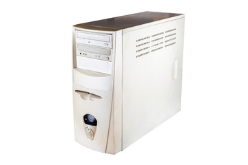 PC, computer case solo, white oldschool midi tower workstation system unit, metal box isolated on...