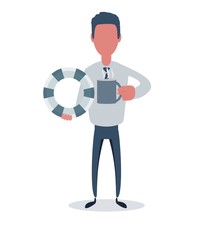 Businessman or clerk. Male character in trendy simple style with objects, flat vector illustration. Business concept. Isolated on white background.