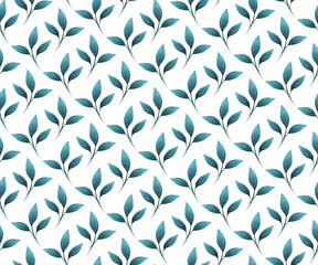 Blue gouache painted leaves, seamless pattern foliage in teal and white