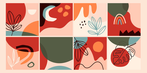 Set of eight abstract backgrounds. Hand drawn various shapes and doodle objects. Contemporary modern trendy Vector illustrations. Every background is isolated. Pastel colors