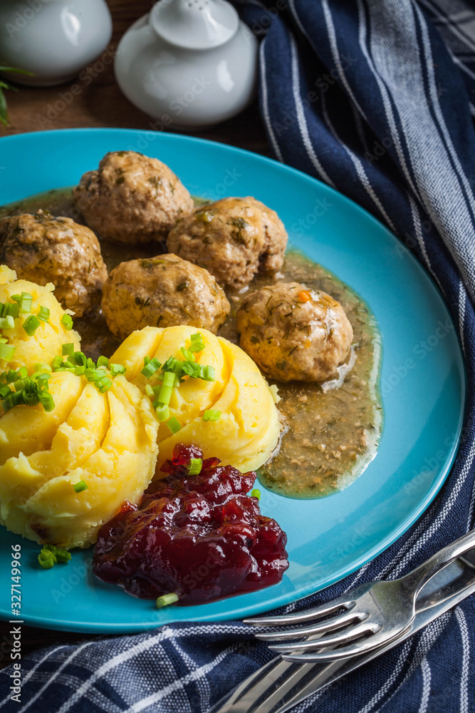 Canvas Prints meatballs with potatoes in dill sauce.