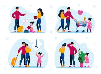Fototapeta premium Family Daily Routines, Vacation Travel and Leisure Trendy Flat Vector Concepts Set. Parents with Children Feeding Cat, Shopping Together, Planning Touristic Trip, Playing in Hide-and-Seek Illustration