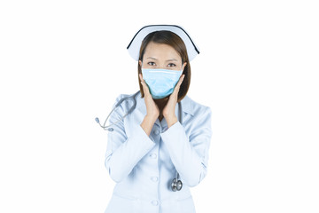 Asian doctor woman or hospital nurse in scrubs using protective medical face mask in prevention vs virus infection.