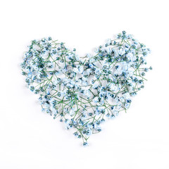 Beautiful flower arrangement of blue flowers of gypsophila. Floral pattern in the shape of a heart.
