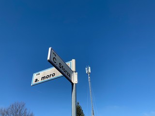 road sign with blue sky