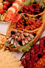 Catering service. Restaurant table with food. Cold appetizers and salads on the wedding table. Food at the wedding table