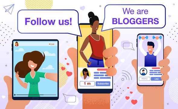 Follow Blogger Motivation. Followers Audience Attraction. Marketing Promotion Plan, Program for Cheating Subscribers. Fitness, Travel, Fashion Man Woman Vlogger on Mobile Screen Inviting Friends