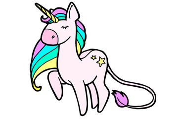 Jpeg illustration. Hand drawing. Cartoon unicorn. Rainbow mane. Isolated on white. Cute character. Original print.