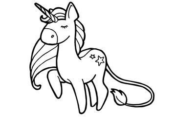 Jpeg illustration. Hand drawing. Cartoon unicorn. Isolated on white. Coloring page. Cute character. The original print.