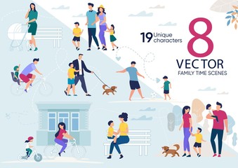 Family Time, Parents with Children Outdoor Walk, Active Lifestyle, Summer Recreation Scenes, Father and Mother Lifestyle Situations, Happy Parenthood Concepts Trendy Flat Vector Illustrations Set