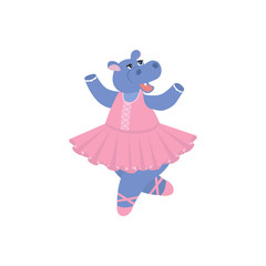 Cute cartoon hippo in ballerina dresses. Vector illustration Can be used for t-shirt print, kids wear fashion design, baby shower invitation card.