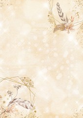 Creative paper template with watercolor feathers and gold glitter