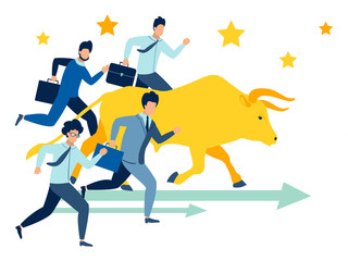 Businessmen run race with bull raster illustration