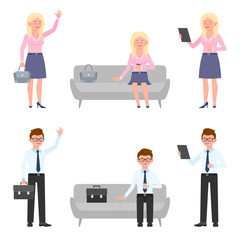 Obraz premium Smiling, young business man and blonde woman vector illustration. Standing side view, waving hello, using tablet, sitting on sofa, waiting office boy and girl cartoon character set on white