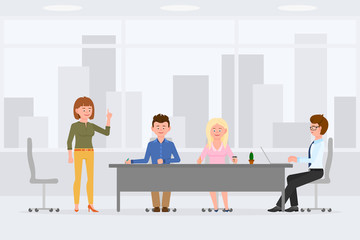 Business coworkers meeting at office, talking, discussing, sitting at table, hand writing, typing vector illustration. Busy men and women at workplace cartoon character design on cityscape background