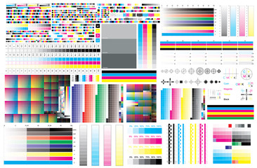 CMYK print test color offset vector calibration printing marks, color bar CMYK and color test chart. Print control strips color cmyk, registration marks, cross polygraphy for prepress and print. - obrazy, fototapety, plakaty