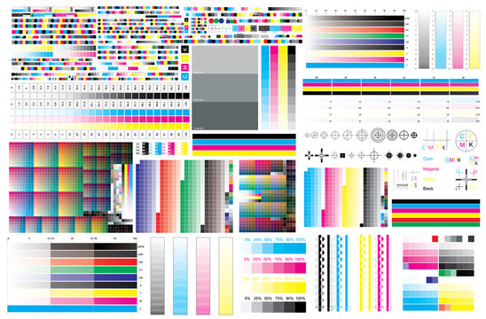 CMYK print test color offset vector calibration printing marks, color bar CMYK and color test chart. Print control strips color cmyk, registration marks, cross polygraphy for prepress and print.