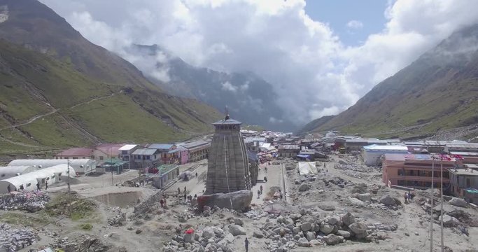 Aerial shot 4k Kedarnath, Uttarakhand, India Beautiful shot of Kedarnath temple & Kedarnath surroundings, Garhwal Himalaya Range. Kedarnath valley Himalaya beautiful nature shot