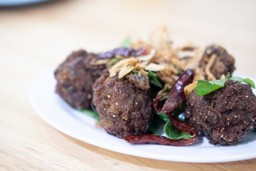 Deep fried spicy minced pork Thai name is Lab Moo Tod