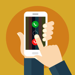 Incoming call on smartphone screen. Calling service. Hand holds smartphone, finger touch screen.