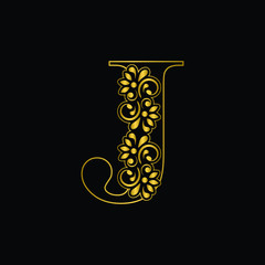 Gold letter J. Vintage golden flower ornament initial letters.  Alphabet. Logo vector 