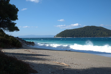 A beautiful beach on the island of Skopelos, Greece . her name is Kastani beach