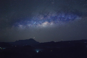 Clearly milky way galaxy in the night sky. Image contains noise and grain due to high ISO. Image also contains soft focus and blur due to long exposure and wide aperture
