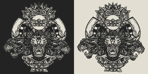Three angry black panthers. Mayan style. Wild cats queens in jungle. Esoteric totem. Template for clothes, covers, emblems, stickers, poster and t-shirt design. Typography art. Vector illustration