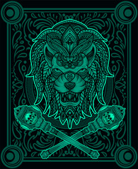 Illuatration vector Lion head floral mandala style with hammer weapon on pattern background.