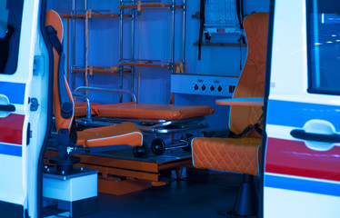 Equipment for ambulances. View from inside. Photo taken from the rear doors.