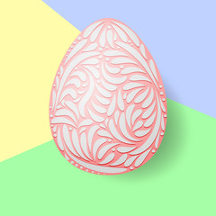 Easter egg patterned decoration. Pink elegant style decor on christian resurrection symbol Spring icon in feminine decorative style Background in pastel blue and turquoise colors