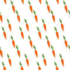 Seamless pattern with carrot on white background. Design for card, postcard, wallpaper, posters, fabric, textile. Vector stock illustration. Cartoon style. 